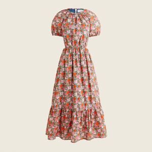 New J. Crew Side-Cutout Floral Dress Orange Tiered Back Zip Puff Sleeve Sz 8